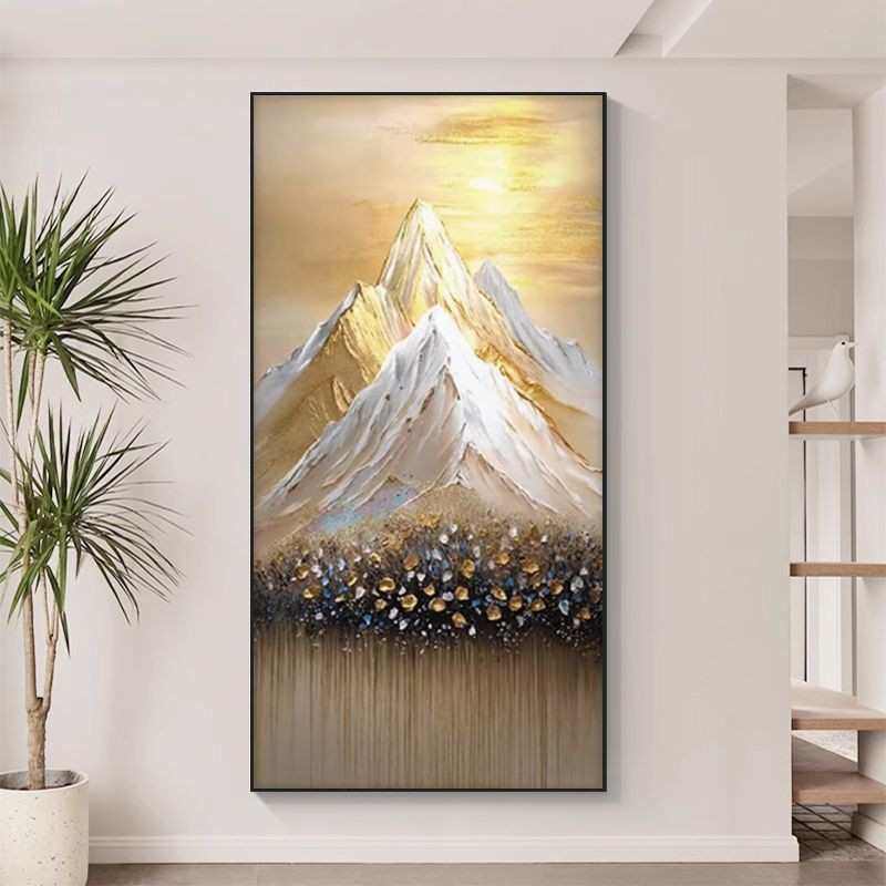 免打孔入户玄关装饰画过道走廊进门壁画竖版视觉肌理日照金山挂画