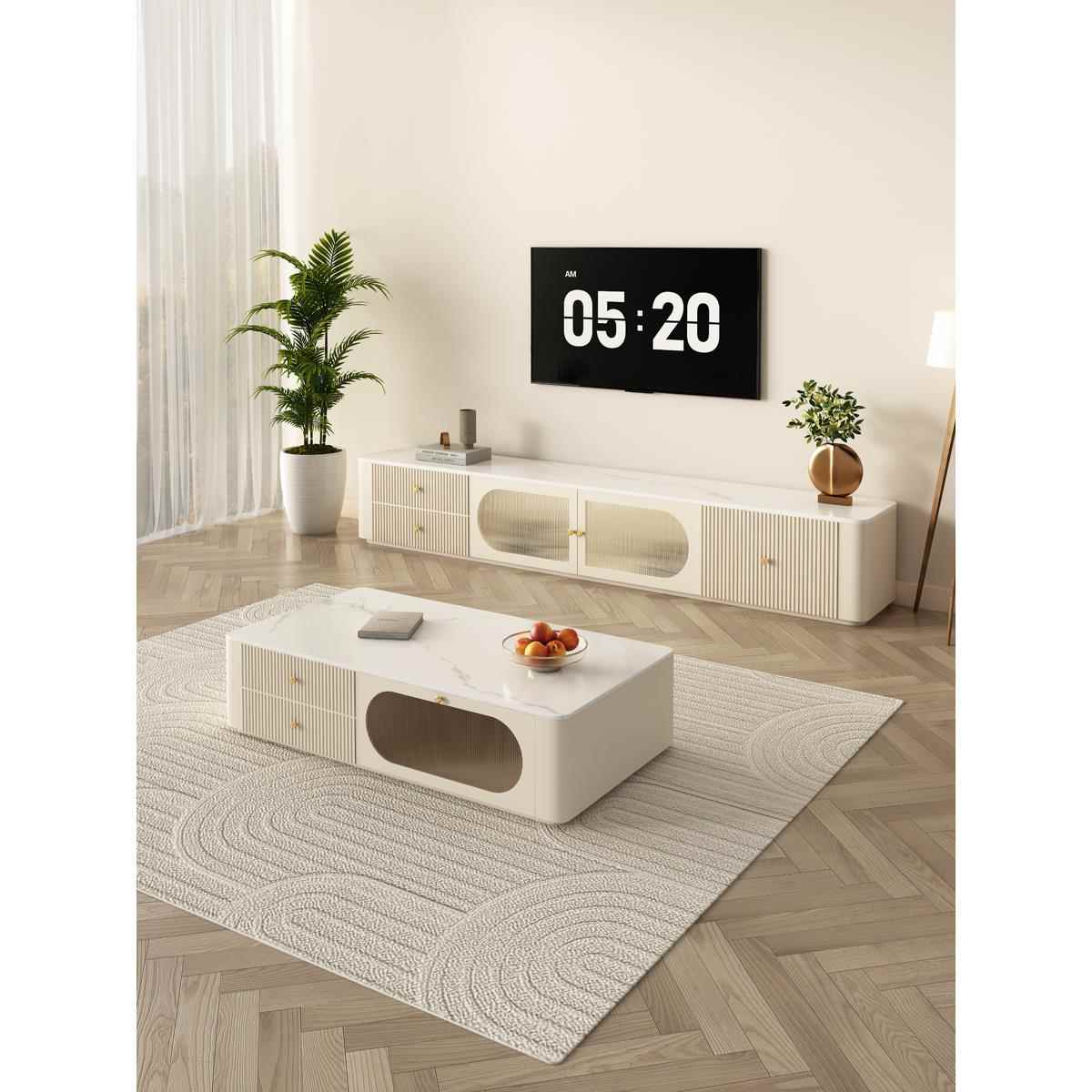 茶几电视柜组合奶油风客厅现代简约小户型实木落地白色岩板电视柜