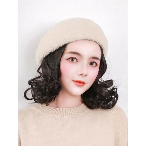 高档假发带秋子一体短卷发冬天网红时尚连帽真发丝带帽假发的贝女