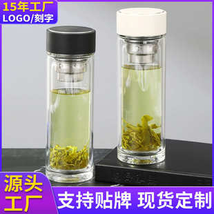 便携大容量双层加厚水晶杯底防摔玻璃杯泡茶男女家用高硼硅玻璃杯
