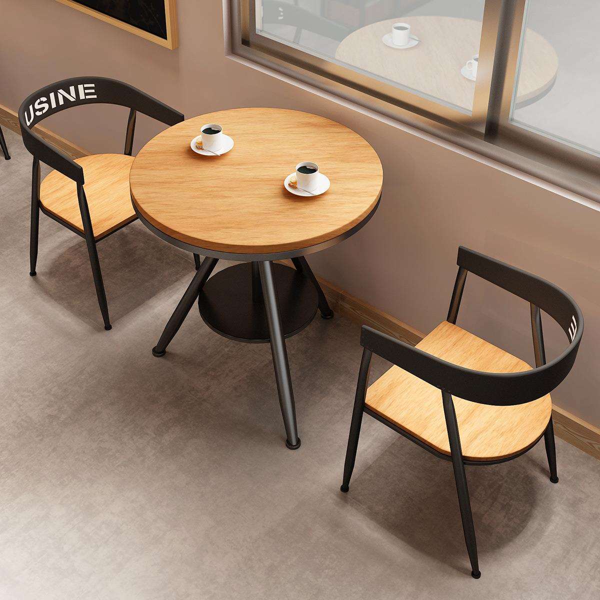奶茶店饮品店面包店清吧铁艺实木小圆桌椅组合阳台可升降圆桌1017
