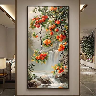 新中式多子多福石榴玄关装饰画流水生财走廊挂画九鱼图入户壁画灯