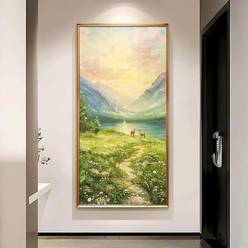 手绘油画玄关画2024年新款高端正对门入户聚宝盆风景山水画靠山图