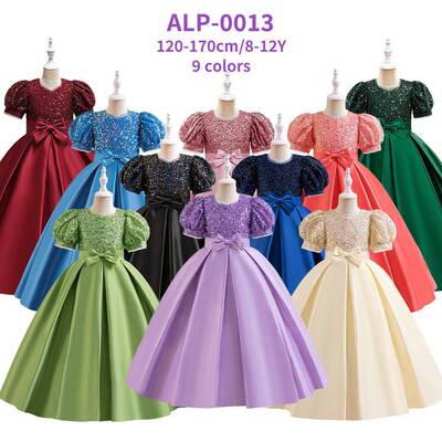 girls glitter contrast sequin satin party dress puff sleeve