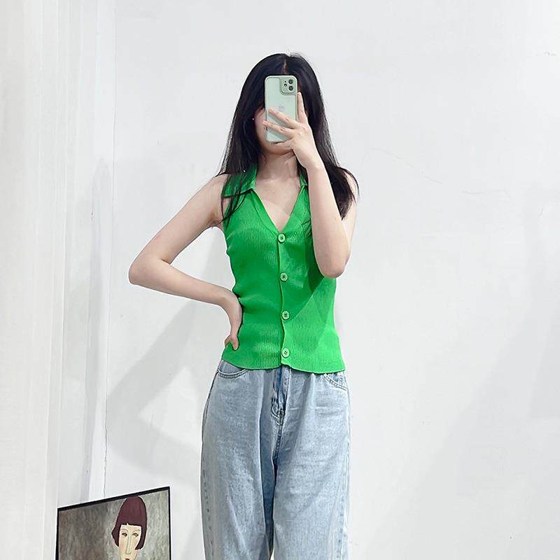 法式吊带无袖挂脖露背针织衫背心学院风女外穿辣妹小心机新款夏装