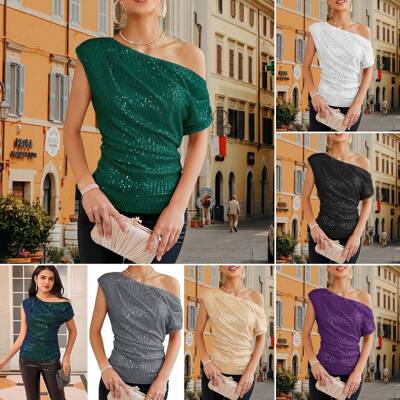Women One Shoulder Sequin Asymmetrical Neck Glitter Blouse