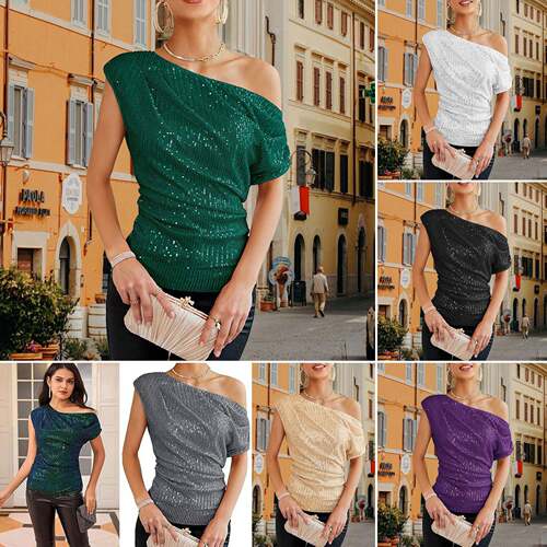 Women One Shoulder Sequin Asymmetrical Neck Glitter Blouse