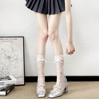 蕾丝花边波点堆堆袜女洛丽塔春夏季薄款网纱小腿袜白色蝴蝶结jk袜