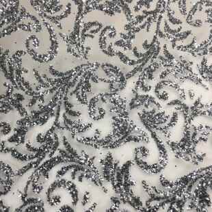 欧式金银灰粉白色高端透明花纹烫金亮片布料礼服表演服会场布蕾丝