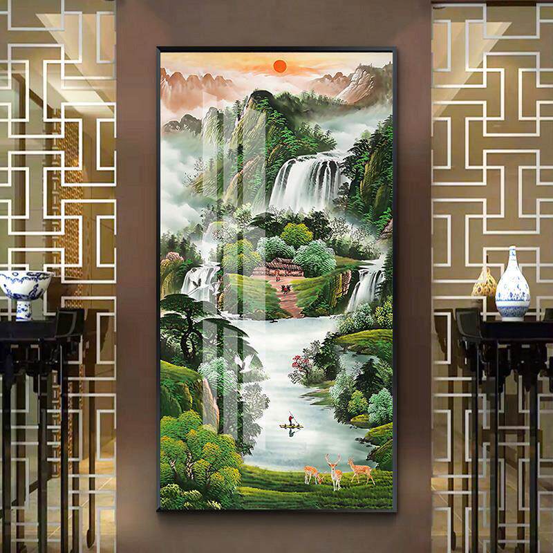《新居山景画》与宣水《画》中国竖挂聚UHR宝盆装饰走走道办室公