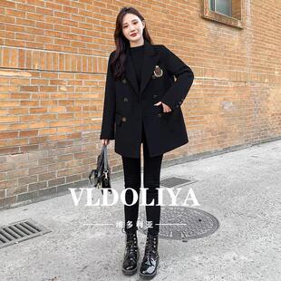 VLDOLIYA 小个子黑色西装领双面羊绒呢大衣女装春秋短款毛呢外套
