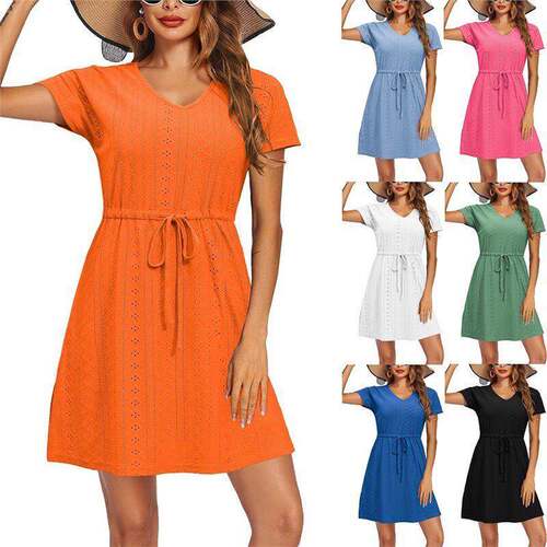 Women's Solid Grommet Eyelet Drawstring Front Beach Cover Up