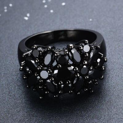 Punk Antique Black Crystal Stone Opening Black Rings Set for