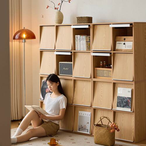 三又木实木书柜原木展示柜中古落地自由组合格子柜沙发边柜组合柜