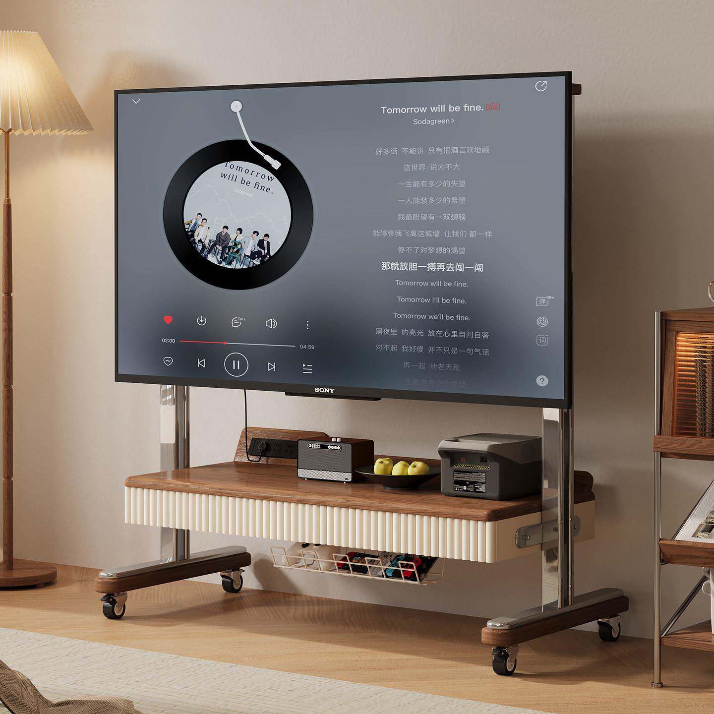 可移动电视支架小户型落地包豪斯中古风电视机柜移动架子带轮实木