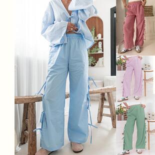 Women's checkered straps with forked edges, women's pants,