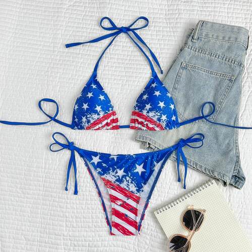 Womens Sexy Flag Print Bikini Swimsuit Two-Piece Split
