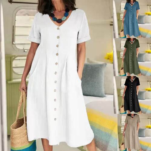 High waisted cotton and linen dress