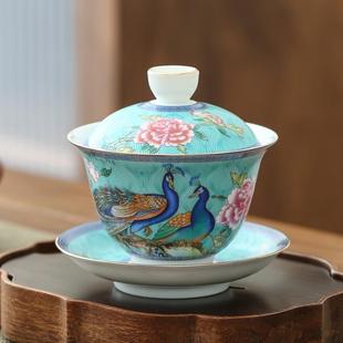 珐琅彩单个盖碗品茶杯陶瓷三才泡茶碗大号白瓷功夫茶具敬茶碗家用