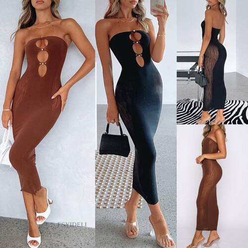 Dress with beaded hollow out strapless mesh splicing, hip
