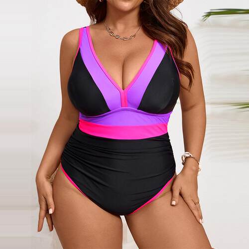 New Plus Size Solid Color V-Neck One-Piece Bikini Swimsuit