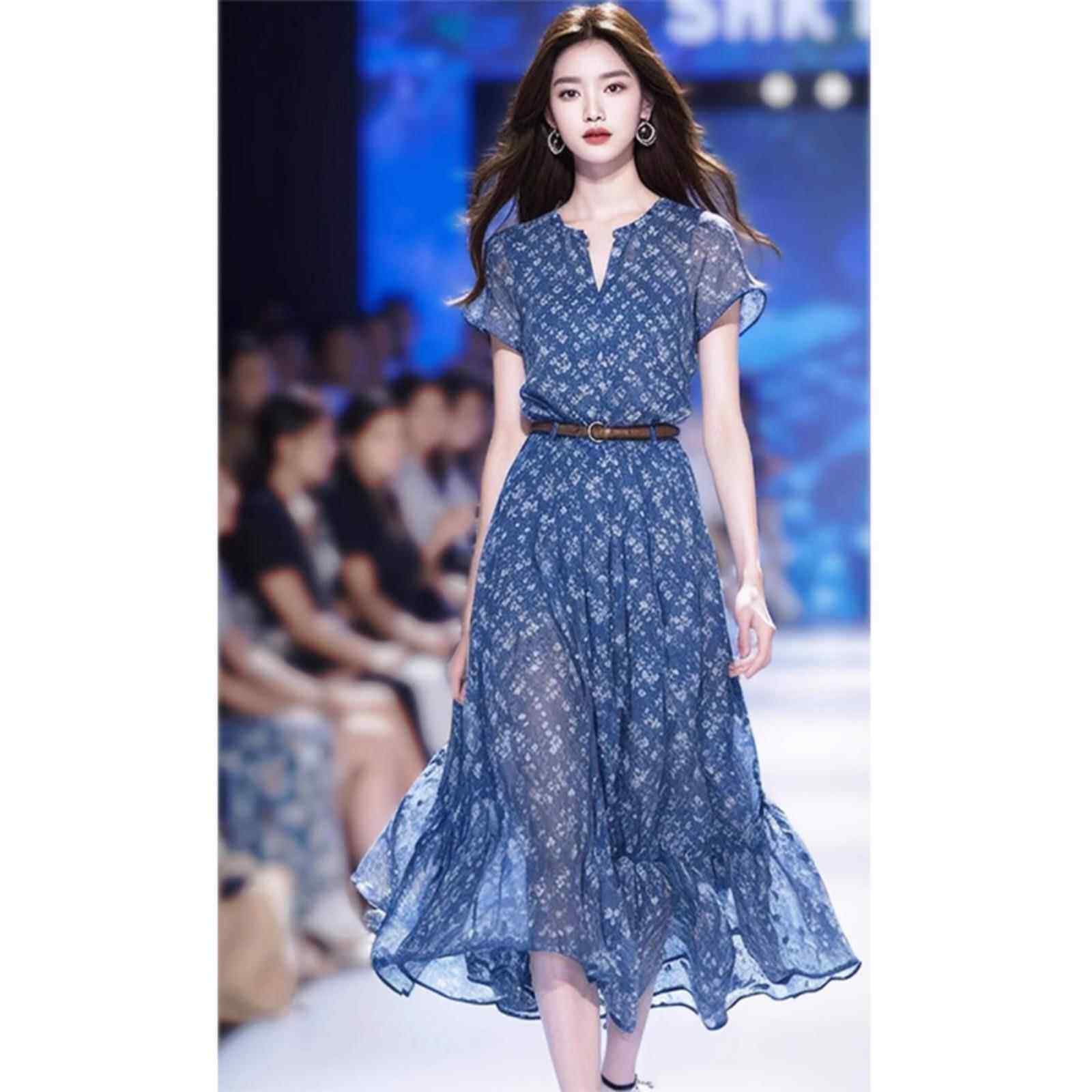 FAshi 法式端庄大气温柔风碎花长裙子绝美显瘦蓝色雪纺连衣裙女夏