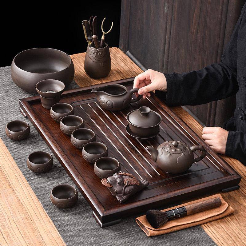 紫砂功夫茶具套组 家用客厅排水式茶盘茶具现代简约中式覆古整套