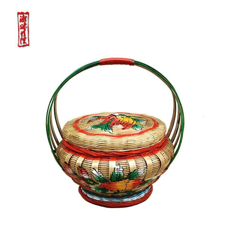 潮汕复古纯手工竹编彩绘手提篮水果篮传统竹篓竹艺竹篮摆件工艺品