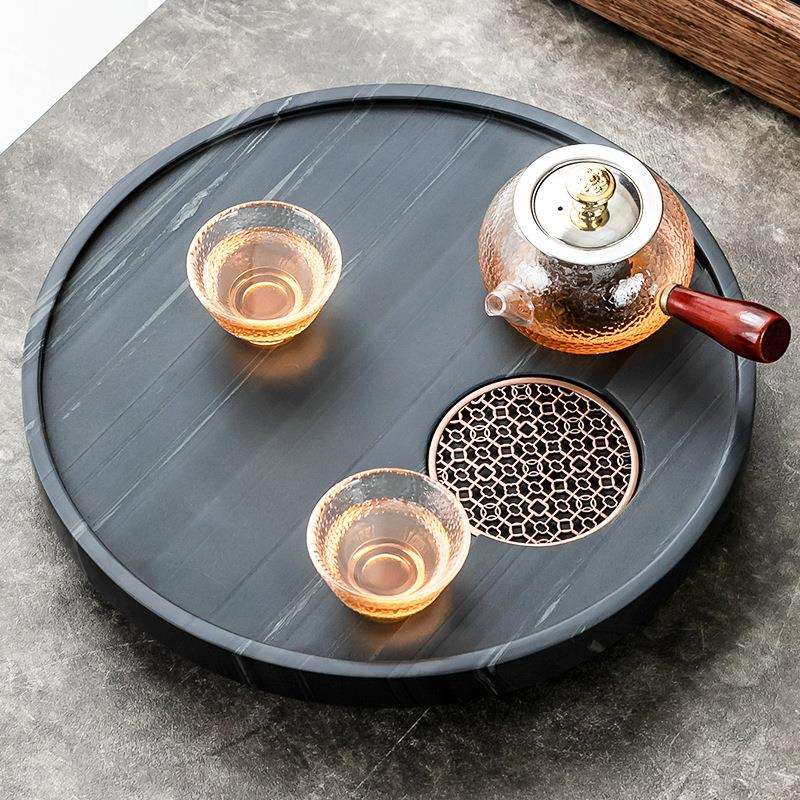 整块天然木纹石圆满茶盘中式长方圆形排水简约石头家用茶海茶台具