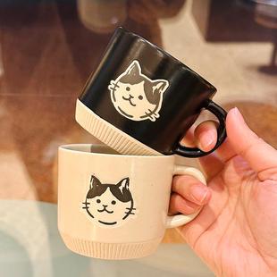 复古粗陶马克杯釉下彩手绘小猫陶瓷杯办公室咖啡杯家用水杯伴手礼