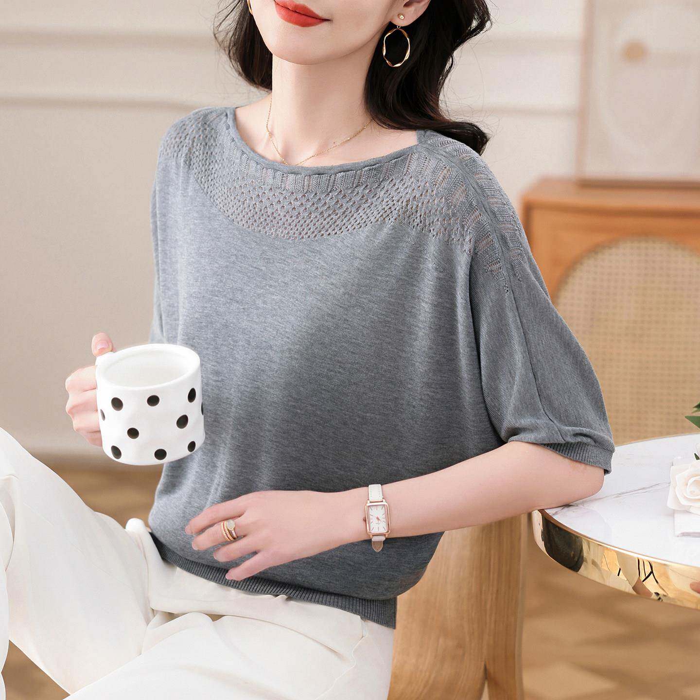 桑蚕丝蝙蝠衫t恤女天丝针织上衣短款夏装新款一字领宽松短袖体恤