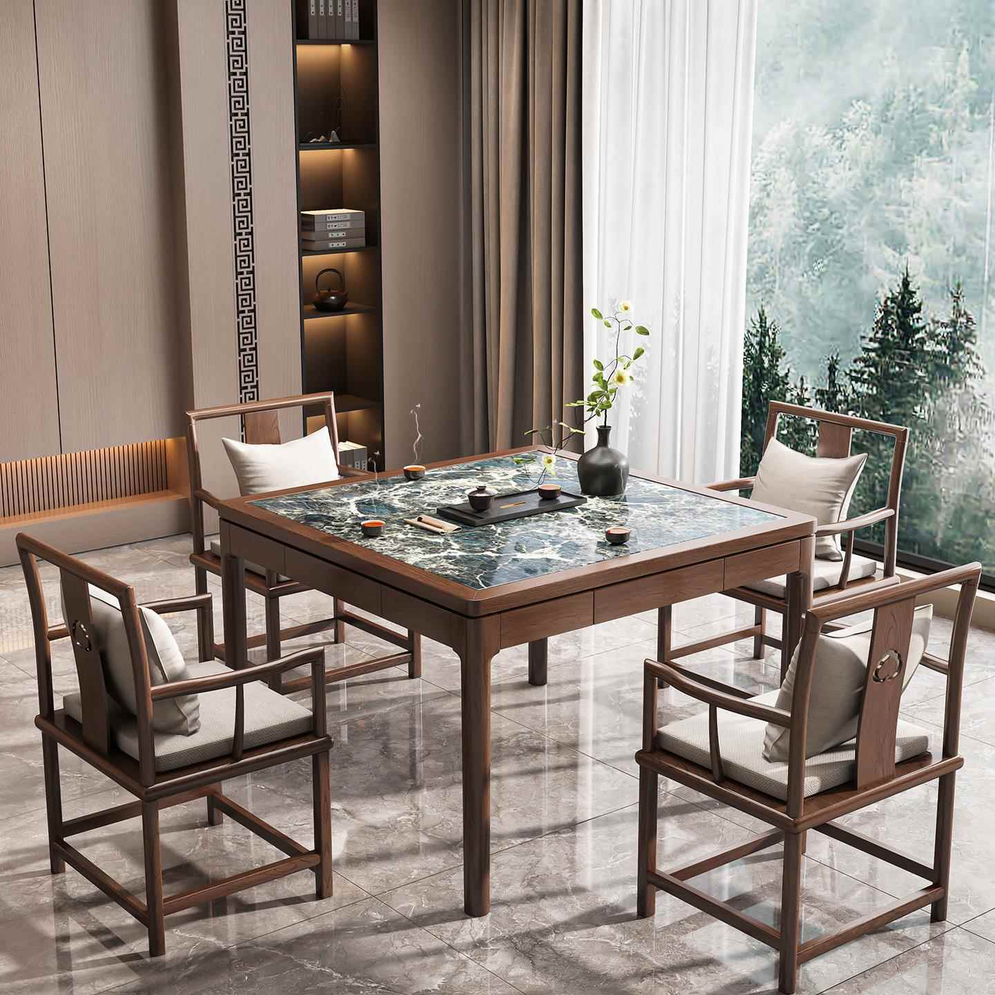 威来亚新中式实木方桌大理石纹餐桌椅组合岩板八仙桌掼蛋桌套装