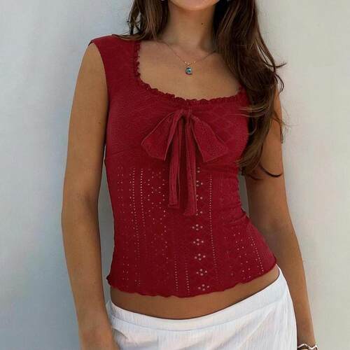 French Square Neck Hollow Design Knitted Vest for Women