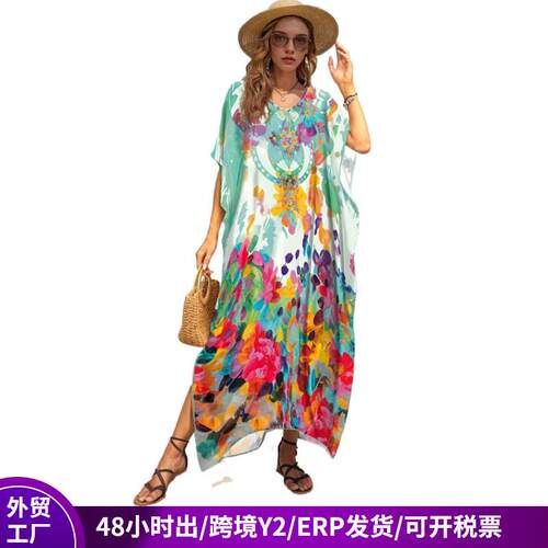 Style Blue Pattern Long Dress, Loose Casual Skirt, All