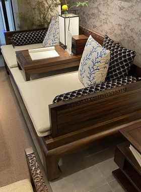 罗汉床实木新中式两用乌金木2米3米禅意整装大小户型三人位沙发