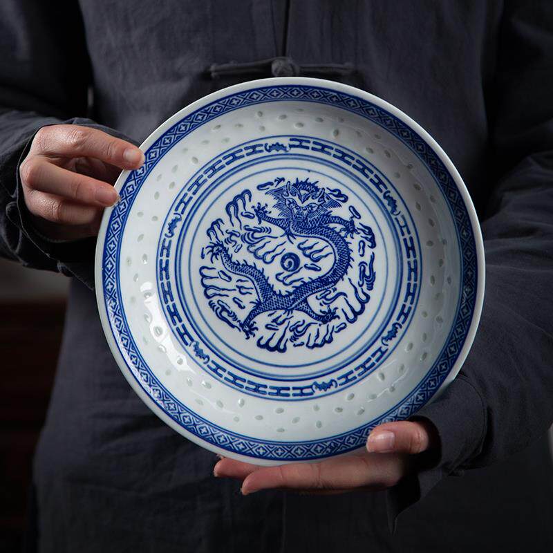 青花瓷菜盘家用中式复古怀旧龙纹传统景德镇玲珑陶瓷盘子窝盘汤盘