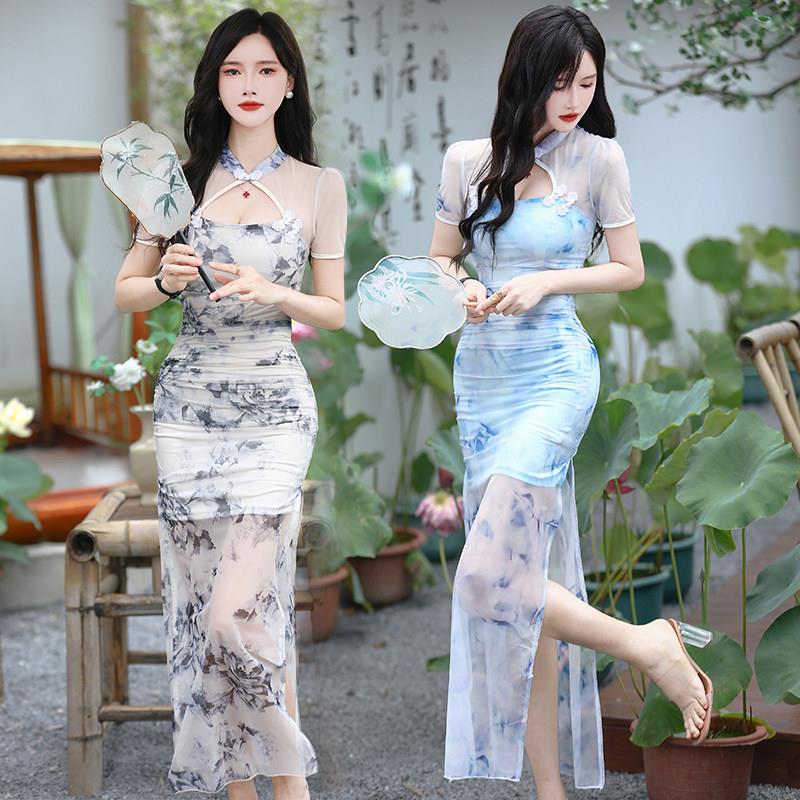 性感包臀晚礼服夏季时尚气质碎花旗袍复古连衣裙Spa柔式技师长裙