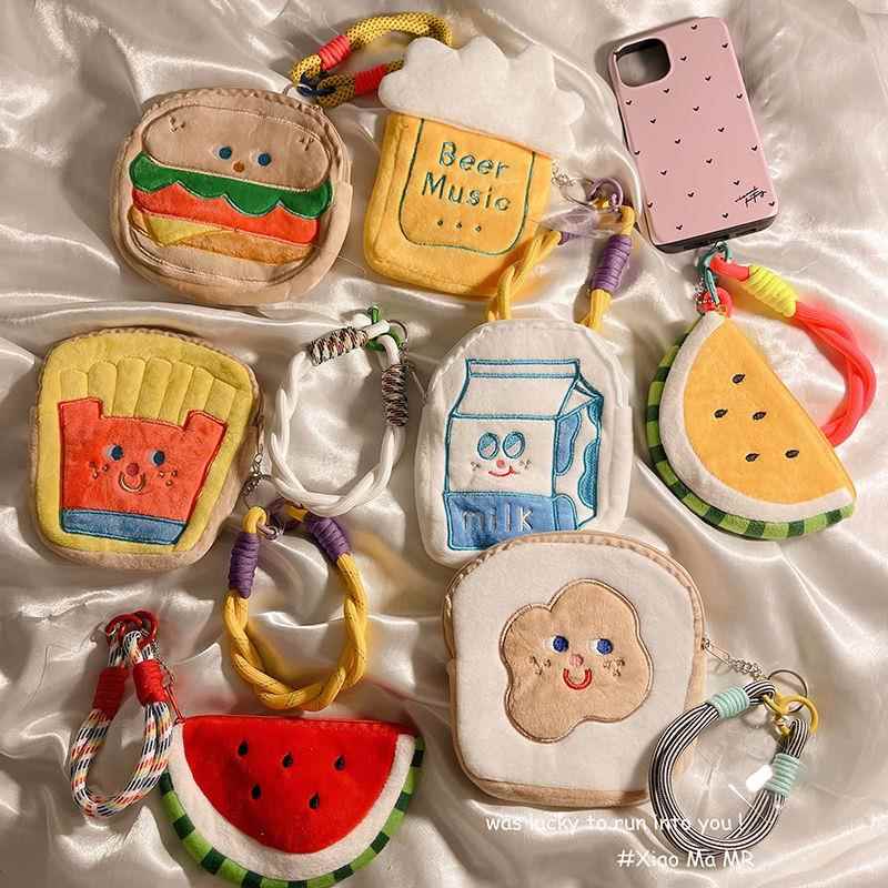 可爱毛绒零钱包卡包汉堡面包手提绳挂绳短款撞色防摔女手机壳挂饰