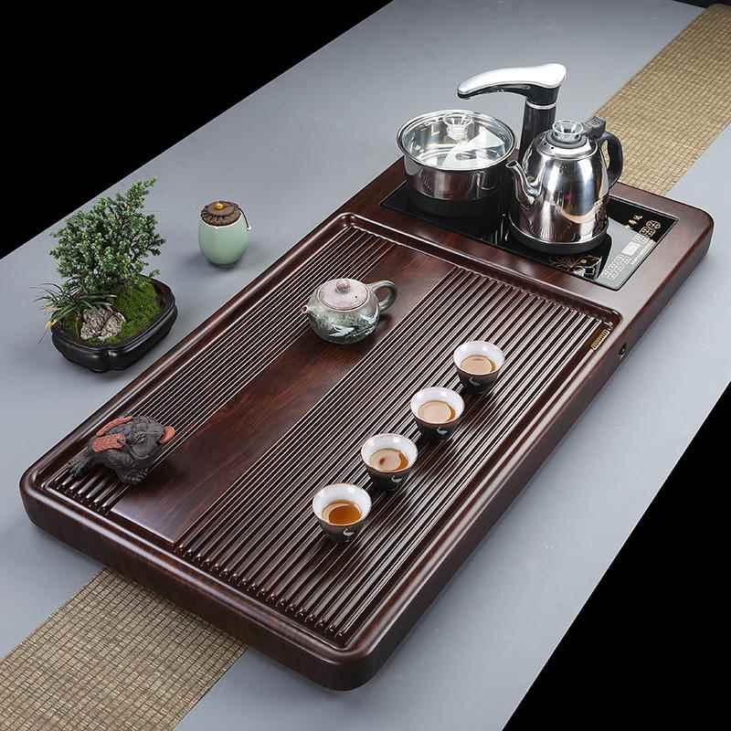 整块原木黑檀木茶盘实木茶具套组家用全自动带电磁炉一体电木茶台