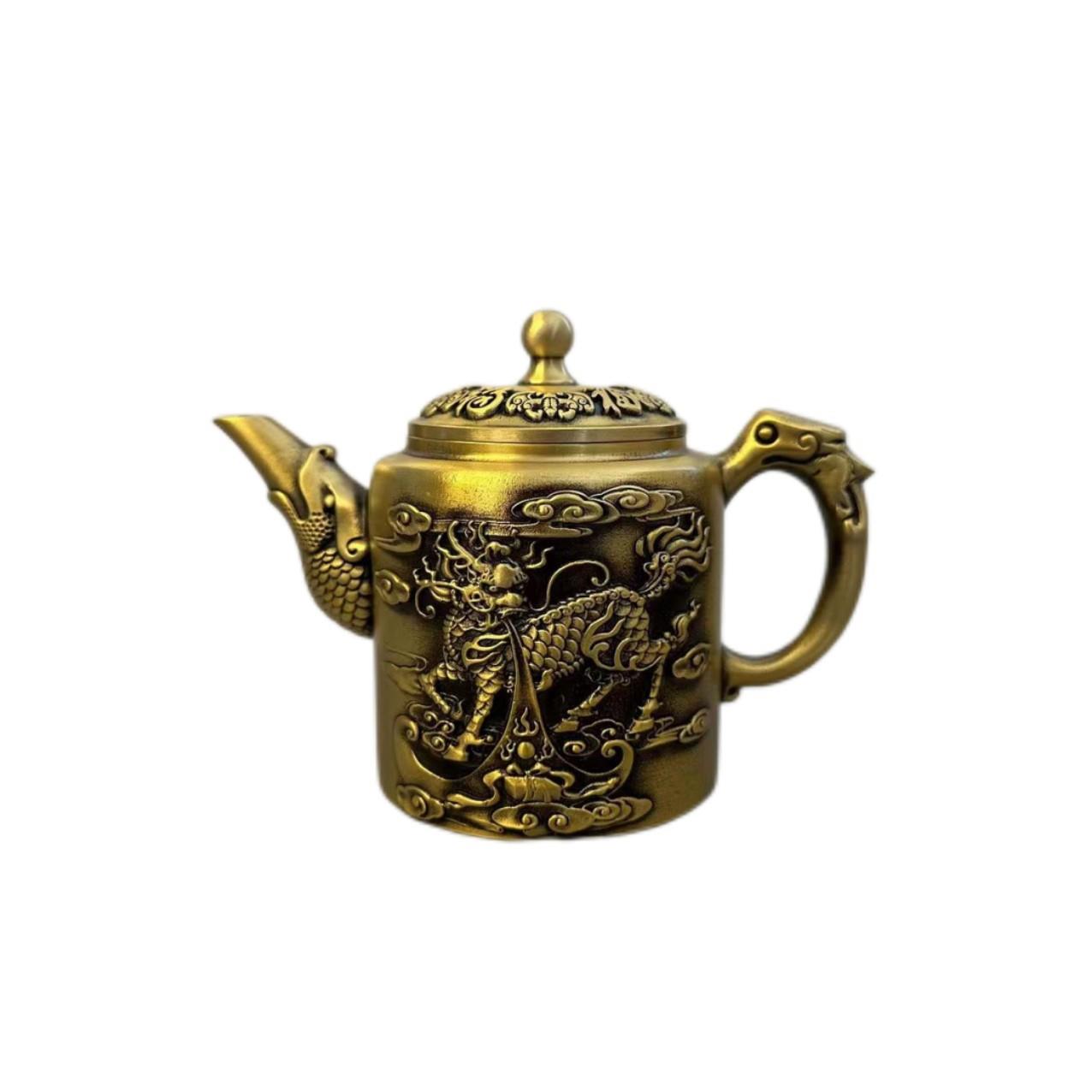 黄铜工艺品古玩铜器黄铜浮雕麒麟茶壶龙凤麒麟酒壶家居茶摆件