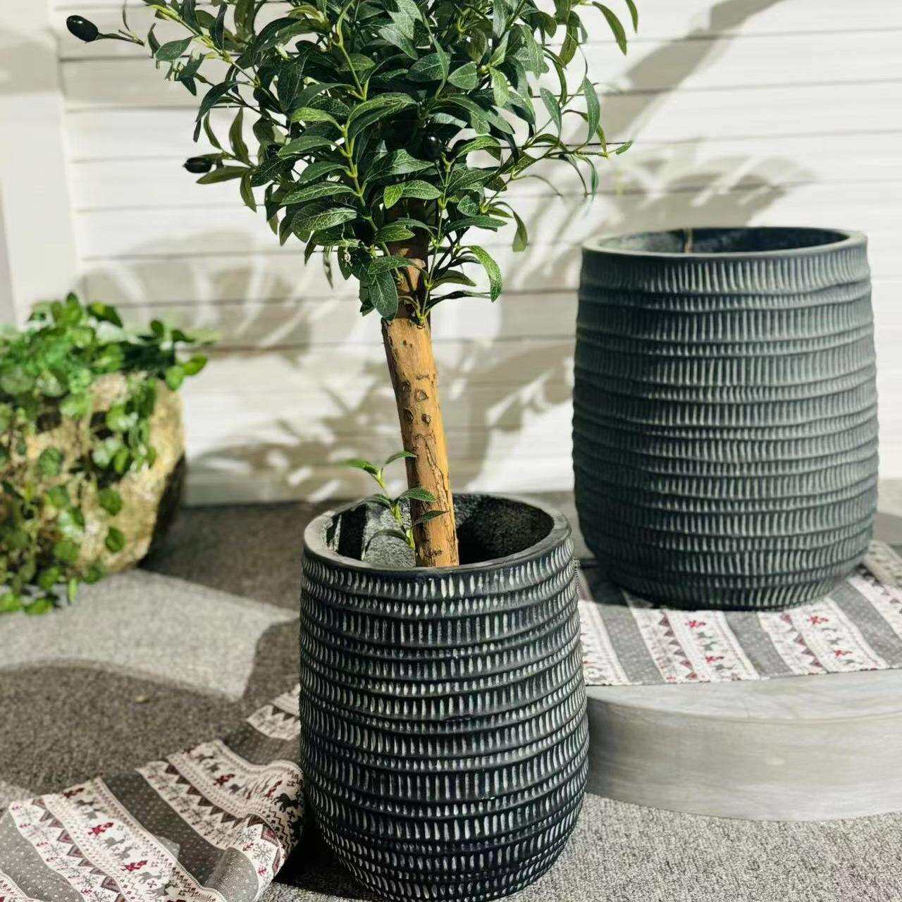 北欧简约色黑地纹理泥花水盆个性大号盆栽F99241绿植落商场客厅水