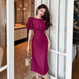 高端小众夏季女装优雅气质泡泡袖收腰修身高贵紫色连衣裙