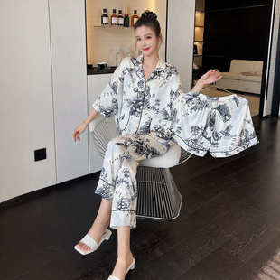 2024夏季 冰丝水墨花家居服高级休闲舒适透气三件套 新款 睡衣女薄款