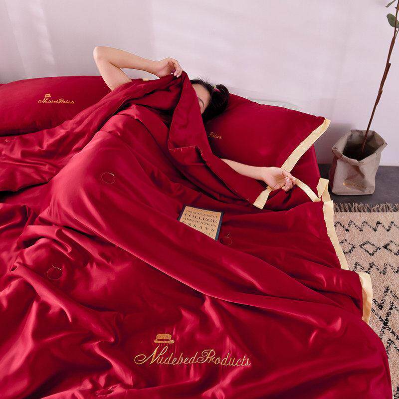 冰丝夏被四件套红色婚庆薄款单夏被双人薄被子结婚房空调被四件套