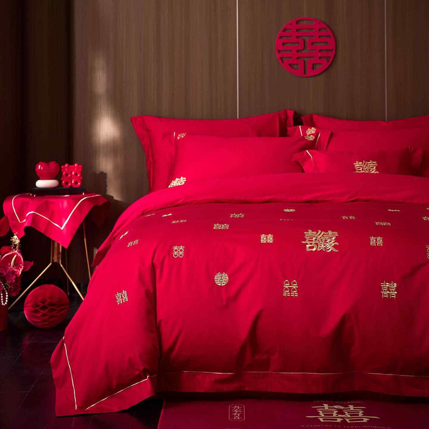 刺绣喜字四件套大红色结婚庆长绒棉纯棉床单床笠100S婚嫁男女