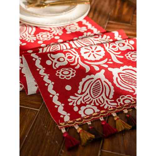 提花中式结婚桌旗HG—ZQ—桌布阖家乐席红色茶台欢长条茶几桌布喜