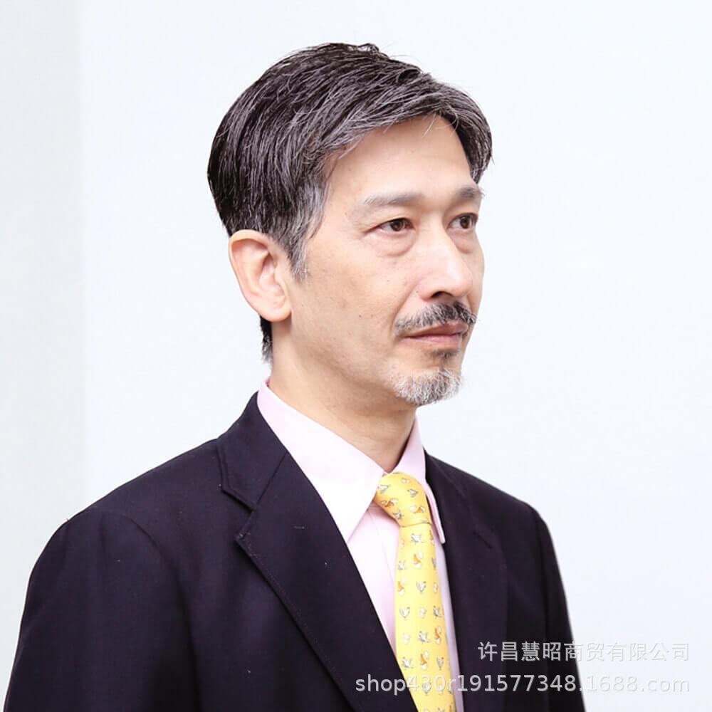 新款直销男士花白真发头发短直发爷爷白发整顶发套老人混合全假发