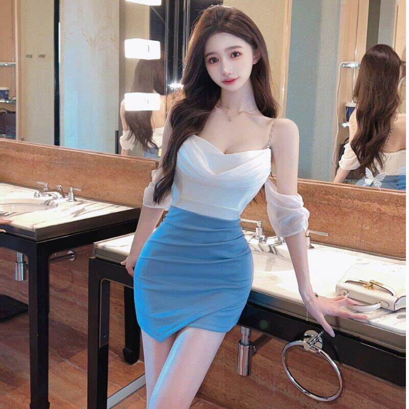 名媛时尚女装吊带一字肩显瘦气质拼色性感不规则包臀连衣裙夜店装