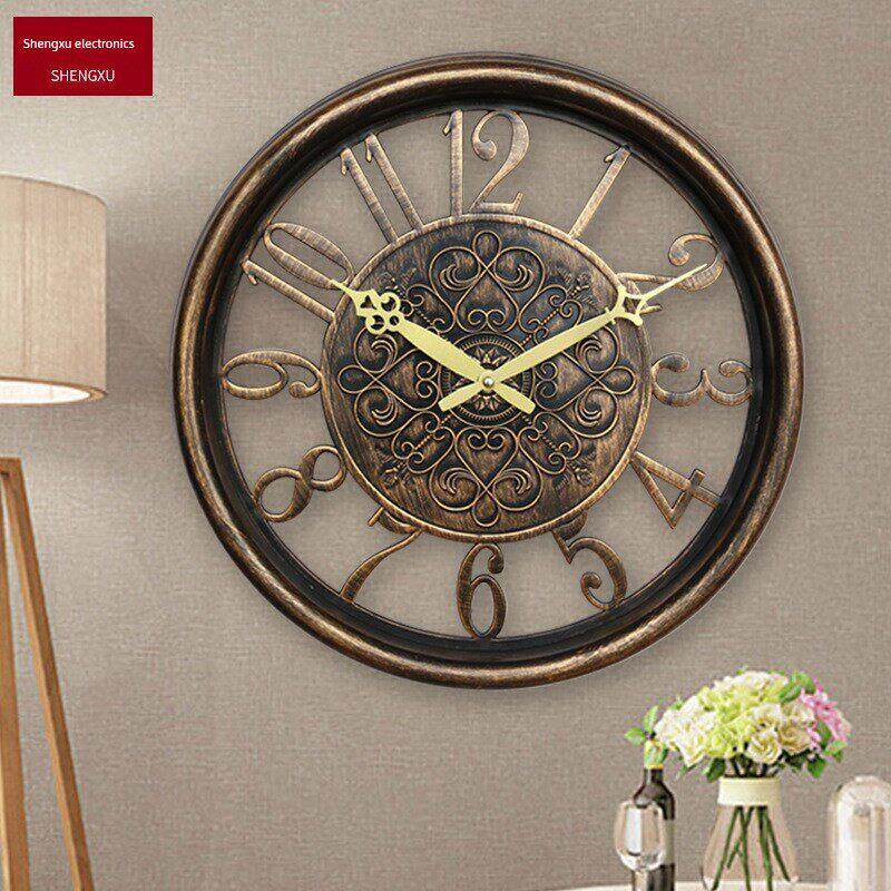 创意电子挂钟静音机芯客厅卧室时钟欧式风格15寸圆形挂钟彷古单面