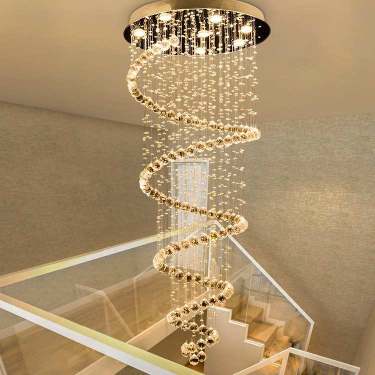 定制水晶客厅吊线灯轻奢风简约卧室旋转吊灯复式楼梯圆球灯具